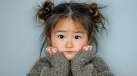 Adorable Asian toddler girl with messy hair buns wearing oversized knit sweater covering face with sleeves showing only eyes in cozy winter portrait.