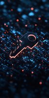Digital key icon with glowing red outline on dark circuit board background, symbolizing cybersecurity and data protection concepts.
