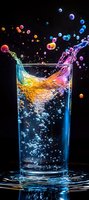 Dynamic splash in tall glass with colorful liquid drops creating vibrant pink and blue patterns against dark background, bubbles floating upward in carbonated drink.