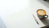 Minimalist workspace with latte art coffee cup and pen on clean white paper, ready for creative writing or business planning sessions.