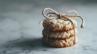 Stack of homemade coconut cookies tied with rustic twine on marble surface, soft focus background creates cozy atmosphere for food photography.