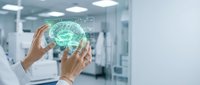 Medical professional examining holographic brain scan in modern healthcare facility for neurological diagnosis and treatment planning.
