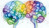 Colorful abstract brain illustration with rainbow gradient circles and bubbles representing creativity, mental health, psychology and neuroscience concepts.