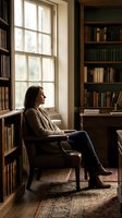 Young woman sitting in cozy home library reading room surrounded by wooden bookshelves looking out window in contemplative moment for education lifestyle content.