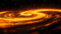 Glowing orange spiral galaxy in deep space with bright center and swirling cosmic dust against starry black background, cosmic astronomy visualization.