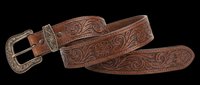 Brown tooled leather belt with ornate floral embossing and antique buckle, isolated on transparent background. Great for fashion clipart, stickers, t-shirt design, print on demand.