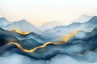 Ethereal mountain landscape in blue watercolor with flowing golden accents, creating a dreamy abstract composition against misty peaks and soft morning light.