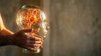 Human hand holding glowing lightbulb with brain-shaped filament representing creativity, innovation, ideas, inspiration and mental power for business concepts.