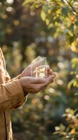 Hands holding transparent house icon with solar panel symbol outdoors in natural sunlight representing eco-friendly sustainable energy solutions.