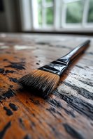 Paint brush with natural bristles lying on rustic wooden surface with black paint marks, captured in macro view with soft window light and shallow depth of field.
