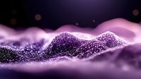 Abstract digital landscape with glowing purple wireframe terrain and particles floating in dark space, creating futuristic mountain-like waves with network connections.