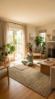 Young woman practicing meditation in bright modern living room with houseplants and natural light streaming through patio doors.