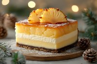 Layered pineapple cheesecake slice with caramelized fruit topping on wooden board, decorated with pine cones and branches against blurred holiday lights background.