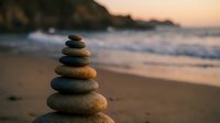 Zen stone stack on sandy beach at sunset with ocean waves creating peaceful meditation and balance concept for wellness and mindfulness practices.
