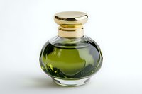 Elegant glass perfume bottle with green fragrance liquid and golden cap on white background, luxury cosmetic container for aromatherapy and beauty industry.