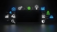 Glowing business technology icons floating in dark space with reflective surface for corporate presentations and digital transformation concepts.