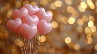 Pink heart-shaped balloons floating against blurred golden bokeh background creating romantic atmosphere for Valentine's day, wedding or anniversary celebration.