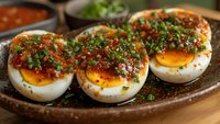 Halved boiled eggs topped with spicy chili sauce, fresh chopped herbs and seasonings served on rustic ceramic plate, appetizing close up view.