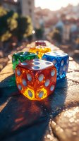 Colorful translucent dice with white dots on urban street surface with warm sunlight and bokeh background for gaming and entertainment concepts.
