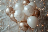 Elegant white and rose gold balloons with glitter accents against blurred bokeh lights create festive party atmosphere for celebrations and special events.