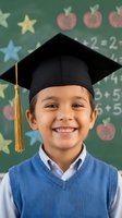 Happy young Hispanic boy wearing graduation cap smiling in classroom with chalkboard background showing math equations and colorful decorations for education concept.