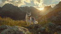 Majestic white husky dog standing on mountain cliff at sunset, dramatic sky and mountain peaks in background, golden hour nature landscape photography.