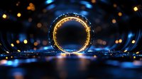 Glowing golden ring portal with magical light effects against dark background with blue bokeh lights creating mystical atmosphere.