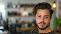 Young bearded man with styled hair and confident expression in casual attire photographed at cafe or restaurant with soft bokeh background lighting.