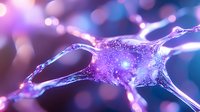 Glowing purple neuron cell with electric synapses and dendrites in abstract neural network background for medical science and biotechnology concepts.