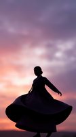 Woman dancing in flowing dress silhouette against dramatic purple pink sunset sky. Graceful movement and freedom expression in twilight atmosphere.