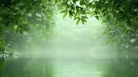Tranquil green forest lake scene with fresh leaves framing misty water reflection, creating serene natural atmosphere for wellness and meditation backgrounds.