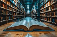 Open book on wooden table in library with rows of bookshelves stretching into distance, illuminated by blue ceiling lights creating atmospheric study environment.