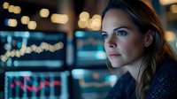 Young professional woman gazing thoughtfully in modern office environment with warm bokeh lights creating atmospheric business portrait for corporate use.