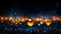 Glowing golden hearts floating on dark blue surface with magical bokeh lights and sparkles, romantic Valentine's Day background with dreamy atmosphere.