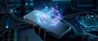 Futuristic smartphone with holographic interface and glowing digital elements in cyberpunk style technology concept for mobile app development and innovation.