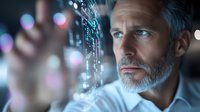 Mature bearded businessman analyzing digital interface with glowing data visualization elements in dark office environment. Futuristic technology concept.
