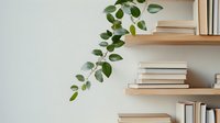Minimalist wooden shelves with stacked books and hanging green plant against white wall, creating serene home library atmosphere. Perfect for interior design projects.
