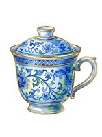 Ornate porcelain teacup with lid featuring blue and white floral damask patterns, gold trim, and curved handle. Isolated on white background, ready for design use.