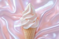 Soft serve ice cream cone with swirled white frozen yogurt in waffle cone against flowing pink silk fabric background for dessert menu designs.