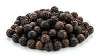 Pile of dried black peppercorns isolated on white background for culinary cooking spice seasoning ingredient food preparation kitchen use.