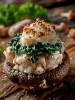 Stuffed portobello mushroom with creamy seafood filling, sauteed spinach and parmesan crust on rustic wooden background, close up view of gourmet appetizer.