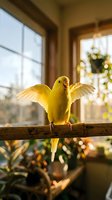 Bright yellow parakeet with wings spread perched on wooden branch indoors near sunlit window, suitable for pet care, avian wildlife, and home decor content.