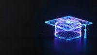 Digital graduation cap made of glowing blue particles on dark background symbolizing online education and academic achievement in technology era.