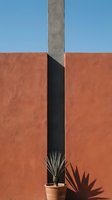Minimalist architectural composition featuring terracotta wall with concrete pillar, potted plant casting geometric shadow against vibrant orange surface under clear sky. Suitable for modern design, architecture portfolios, and contemporary art projects.