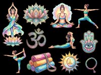 Yoga clipart set with women in poses, lotus, om symbol, hamsa, mala beads, and mats, isolated on transparent background, ready for stickers, t-shirts, and print on demand.