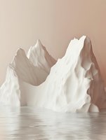 White iceberg floating in calm arctic waters against neutral beige background, minimalist nature composition with soft lighting and reflections.
