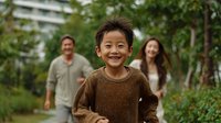 Happy Asian boy smiling outdoors with parents in background, family bonding time in green park setting with modern buildings behind.