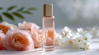 Elegant glass perfume bottle with gold cap surrounded by delicate peach roses and white blossoms on soft background.