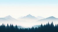 Misty mountain landscape with layered silhouettes of pine forest and peaks in morning fog, creating atmospheric depth in soft blue tones. Suitable for wall art.