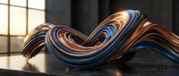 Abstract flowing ribbon sculpture with metallic copper and blue stripes creating dynamic wave motion in modern interior space for contemporary design projects.
